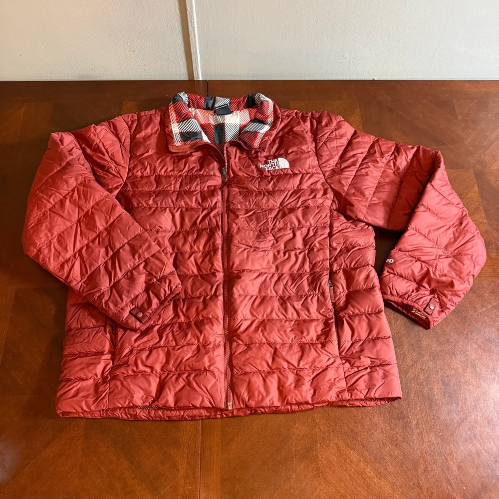 The North Face Mens 550 Down Puffer Jacket XL Rust Red Plaid Lining Quilted Zip